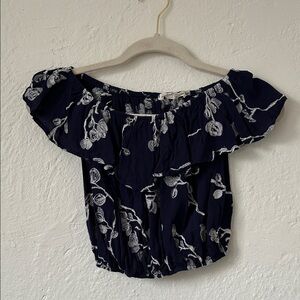 Embroidered Off-Shoulder Navy Floral Crop Top